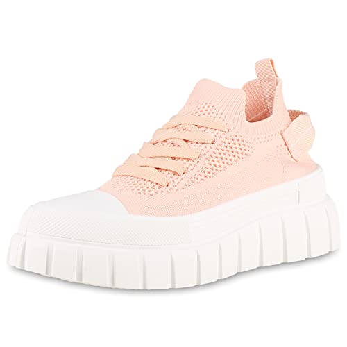 VAN HILL Damen Plateau Sneaker Keilabsatz Schuhe Strick Schnürer Profilsohle Schnürschuhe Plateauschuhe 202844 Rosa 37 von VAN HILL