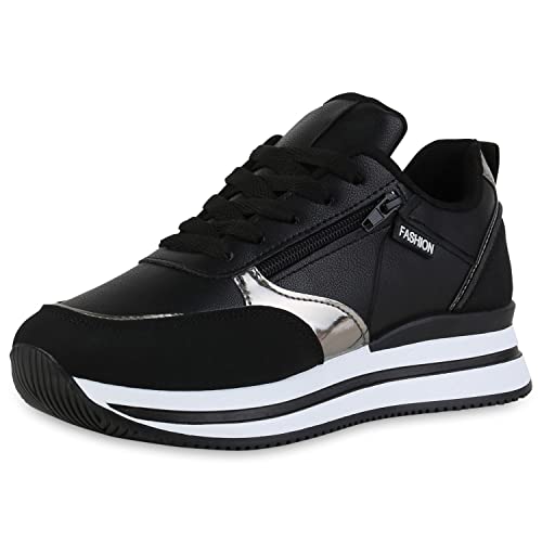 VAN HILL Damen Plateau Sneaker Keilabsatz Schuhe Zipper Schnürer Metallic Keilsneaker Profilsohle Freizeitschuhe 211421 Schwarz Silber Metallic 37 VAN HILL Damen Plateau Sneaker Keilabsatz Schuhe Zipper Schnürer Metallic Keilsneaker Profilsohle Freizeitschuhe 211421 Schwarz Silber Metallic 37 von VAN HILL