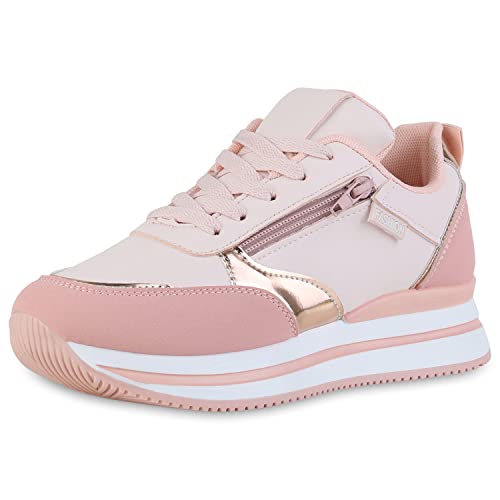 VAN HILL Damen Plateau Sneaker Keilabsatz Schuhe Zipper Schnürer Metallic Keilsneaker Profilsohle Freizeitschuhe 211424 Rosa Rose Gold Metallic 36 von VAN HILL