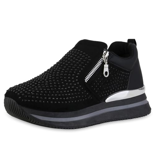 VAN HILL Damen Plateau Sneaker Keilabsatz Strass Trendy Schuhe 215201 Schwarz 36 von VAN HILL