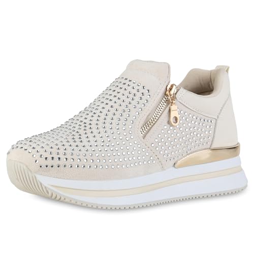 VAN HILL Damen Plateau Sneaker Keilabsatz Strass Trendy Schuhe 215202 Beige 37 von VAN HILL