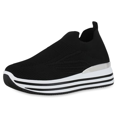 VAN HILL Damen Plateau Sneaker Keilabsatz Strick Trendy Schuhe 214445 Schwarz Weiss 38 von VAN HILL