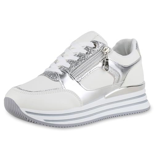 VAN HILL Damen Plateau Sneaker Keilabsatz Zipper Trendy Schuhe 214711 Weiss Silber Metallic Zipper 37 von VAN HILL