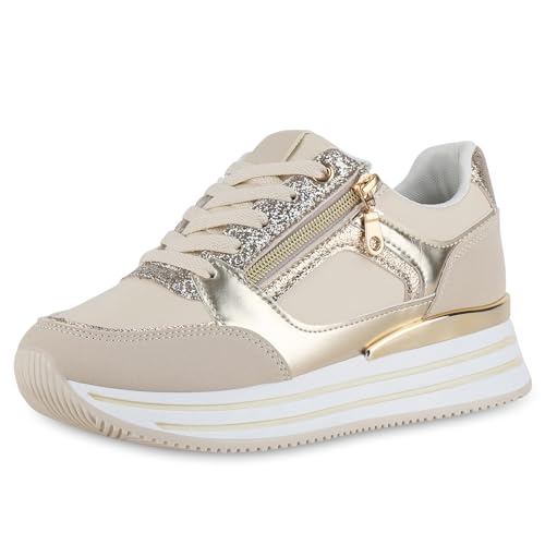 VAN HILL Damen Plateau Sneaker Keilabsatz Zipper Trendy Schuhe 214712 Beige Gold Metallic Zipper 38 von VAN HILL