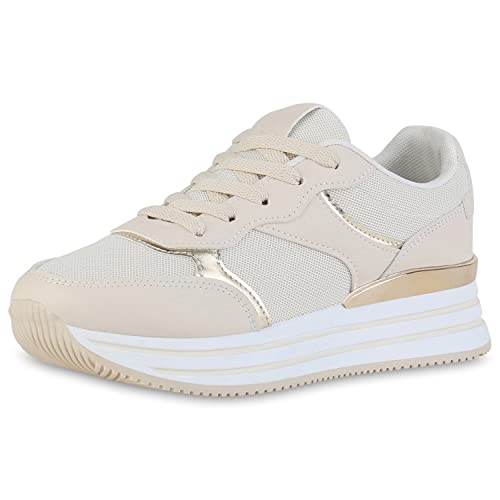 VAN HILL Damen Plateau Sneaker Metallic Schuhe Keilabsatz Schnürer Profilsohle Keilsneaker Freizeit Wegdes Schnürschuhe 211735 Beige Gold Metallic Robust 36 von VAN HILL