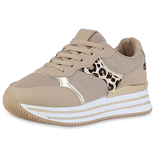 VAN HILL Damen Plateau Sneaker Metallic Schuhe Keilabsatz Schnürer Profilsohle Keilsneaker Freizeit Wegdes Schnürschuhe 211737 Khaki Hellbraun Gold Leo Metallic Robust 37 von VAN HILL