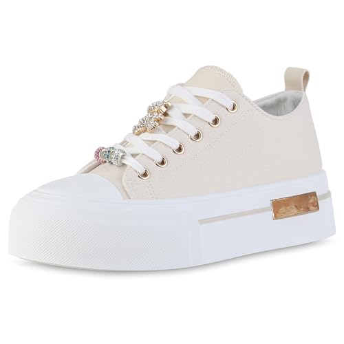 VAN HILL Damen Plateau Sneaker Plateau Strass Trendy Schuhe 217364 Beige 38 VAN HILL Damen Plateau Sneaker Plateau Strass Trendy Schuhe 217364 Beige 38 von VAN HILL