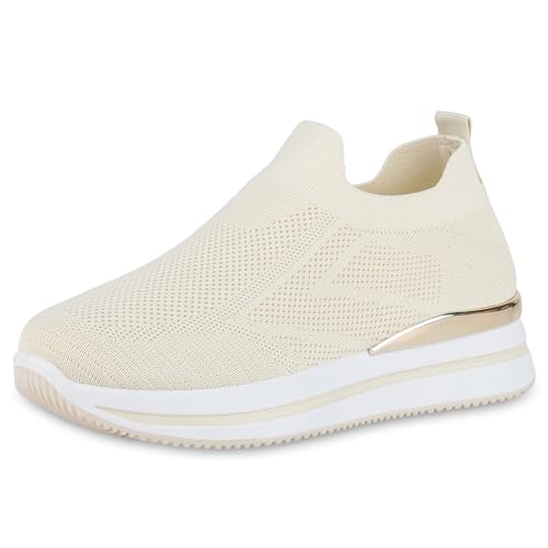 VAN HILL Damen Plateau Sneaker Plateau Strick Trendy Schuhe 214526 Creme 39 von VAN HILL