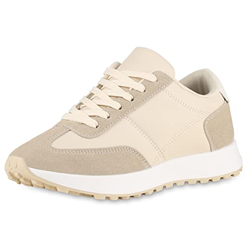 VAN HILL Damen Plateau Sneaker Profilsohle Schuhe Freizeit Schnürer Plateauschuhe Schnürschuhe Freizeitschuhe 202952 Beige Trendy 36 von VAN HILL