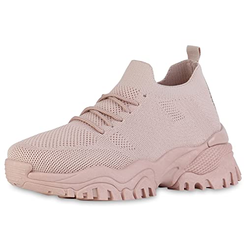 VAN HILL Damen Plateau Sneaker Strick Schuhe Blockabsatz Schnürer Freizeit Schnürschuhe Plateauschuhe Stoffschuhe 212259 Altrosa 38 von VAN HILL