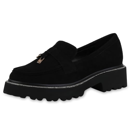 VAN HILL Damen Plateauschuhe Blockabsatz Strass Trendy Schuhe 214636 Schwarz 40 von VAN HILL