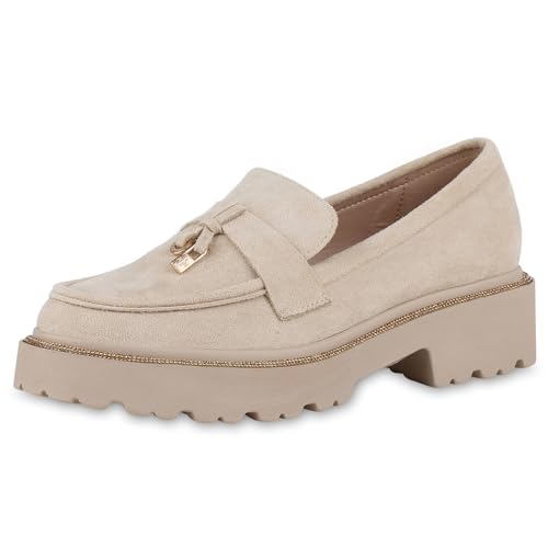 VAN HILL Damen Plateauschuhe Blockabsatz Strass Trendy Schuhe 214637 Beige 40 von VAN HILL