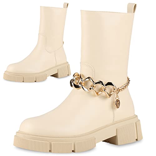 VAN HILL Damen Plateaustiefel Blockabsatz Ketten Schuhe Profilsohle Freizeitschuhe Plateau Vorne Boots Plateauschuhe 202191 Beige 38 von VAN HILL