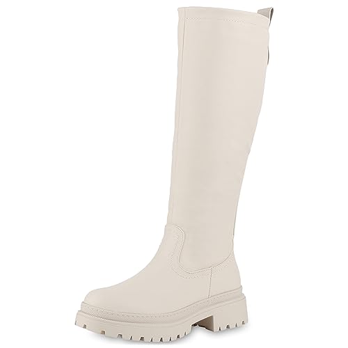 VAN HILL Damen Plateaustiefel Blockabsatz Plateau Vorne Trendy Schuhe 840614 213379 Beige 38 von VAN HILL