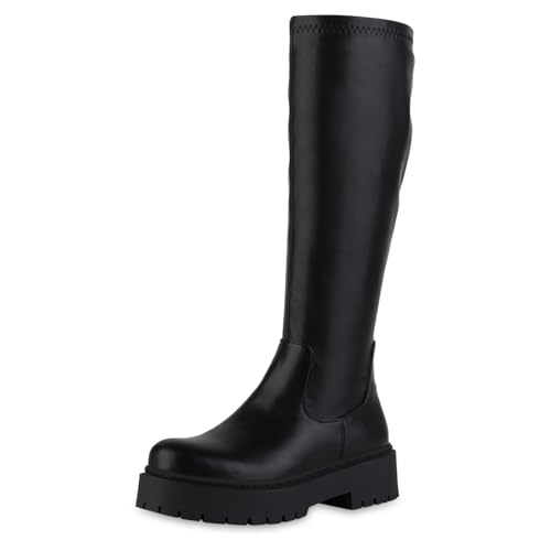 VAN HILL Damen Plateaustiefel Blockabsatz Profilsohle Trendy Schuhe 216421 Schwarz 37 von VAN HILL