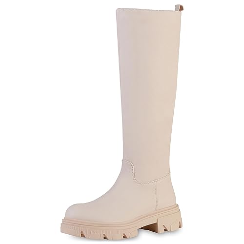 VAN HILL Damen Plateaustiefel Stiefel Blockabsatz Schuhe Profilsohle Plateauschuhe Freizeitstiefel Plateau Vorne Boots 202422 Beige 41 von VAN HILL