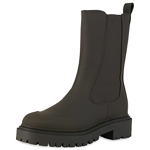 VAN HILL Damen Plateaustiefel Stiefel Freizeit Gummistiefel Blockabsatz Plateau Vorne Schuhe Profilsohle Booties 201789 Olivgrün Grün 37 von VAN HILL