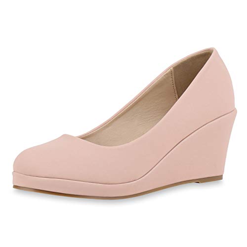 VAN HILL Damen Pumps Keilpumps Klassische Keilabsatz Schuhe Leder-Optik Wedges Basic Absatzschuhe 610031 Nude 36 von VAN HILL