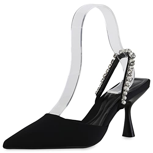 VAN HILL Damen Pumps Slingpumps Party Stiletto Schuhe Strass Freizeit Partyschuhe Elegante Satin-Optik Abendschuhe 210765 Schwarz 40 von VAN HILL