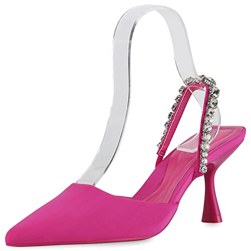 VAN HILL Damen Pumps Slingpumps Party Stiletto Schuhe Strass Freizeit Partyschuhe Elegante Satin-Optik Abendschuhe 210766 Fuchsia 37 von VAN HILL