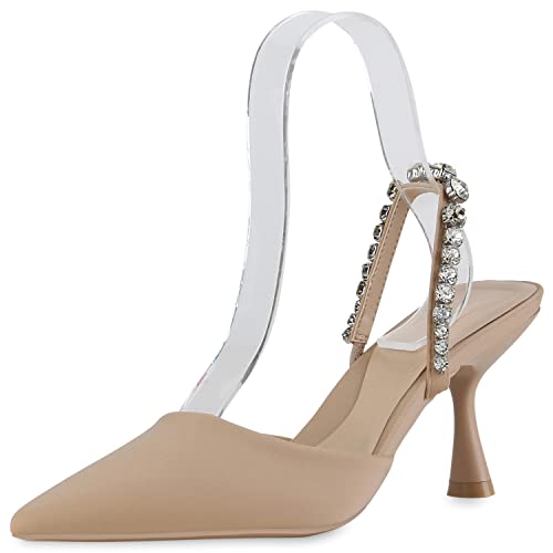 VAN HILL Damen Pumps Slingpumps Party Stiletto Schuhe Strass Freizeit Partyschuhe Elegante Satin-Optik Abendschuhe 210767 Beige 37 von VAN HILL