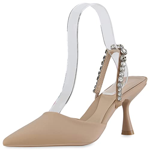 VAN HILL Damen Pumps Slingpumps Party Stiletto Schuhe Strass Freizeit Partyschuhe Elegante Satin-Optik Abendschuhe 210767 Beige 38 von VAN HILL