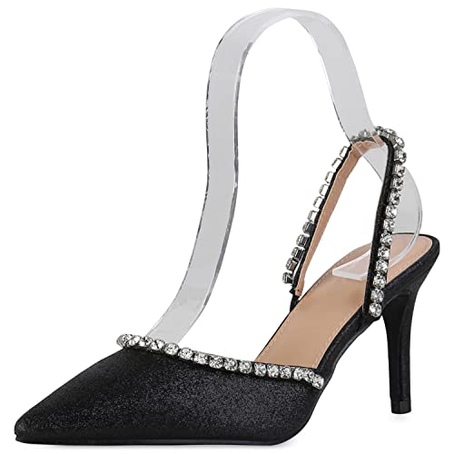 VAN HILL Damen Pumps Slingpumps Spitze Stiletto Schuhe Party Strass Absatzschuhe Elegante Glitzer Partyschuhe 208430 Schwarz 40 von VAN HILL