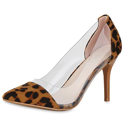 VAN HILL Damen Pumps Spitze Pumps Lack Transparent Stiletto High Heels 173844 Leopard 40 von VAN HILL