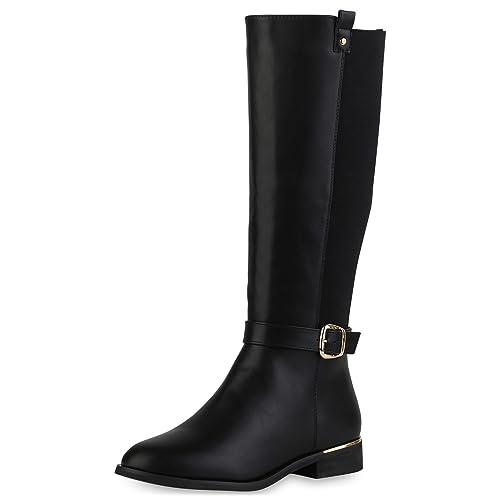 VAN HILL Damen Reiterstiefel Blockabsatz Schnallen Trendy Schuhe 840544 213097 Schwarz 39 von VAN HILL