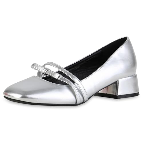 VAN HILL Damen Riemchenballerinas Blockabsatz Schleifen Klassisch Schuhe 216531 Silber 40 von VAN HILL