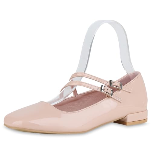 VAN HILL Damen Riemchenballerinas Flach Lack Party Schuhe 215421 Rosa Lack 37 von VAN HILL