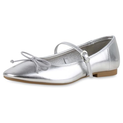VAN HILL Damen Riemchenballerinas Flach Schleifen Klassisch Schuhe 217390 Silber 40 von VAN HILL