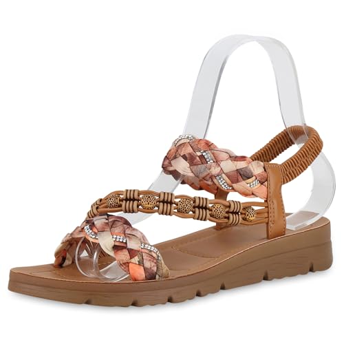 VAN HILL Damen Riemchensandalen Flach Prints Trendy Schuhe 214491 Hellbraun 38 von VAN HILL