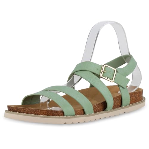 VAN HILL Damen Riemchensandalen Flach Profilsohle Trendy Schuhe 215786 Hellgrün 43 von VAN HILL