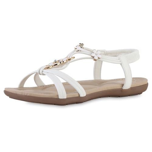 VAN HILL Damen Riemchensandalen Flach Zierperlen Trendy Schuhe 217472 Weiss 41 von VAN HILL