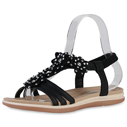 VAN HILL Damen Riemchensandalen Sandalen Flache Blumen Schuhe Spitze Strass Sommersandalen Freizeitschuhe 204027 Schwarz 37 von VAN HILL