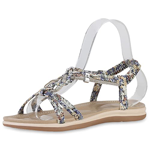 VAN HILL Damen Riemchensandalen Sandalen Flache Strass Schuhe Zierperlen Riemchenschuhe Sommer Freizeitschuhe 212085 Hellgrün Hellblau Muster 38 von VAN HILL