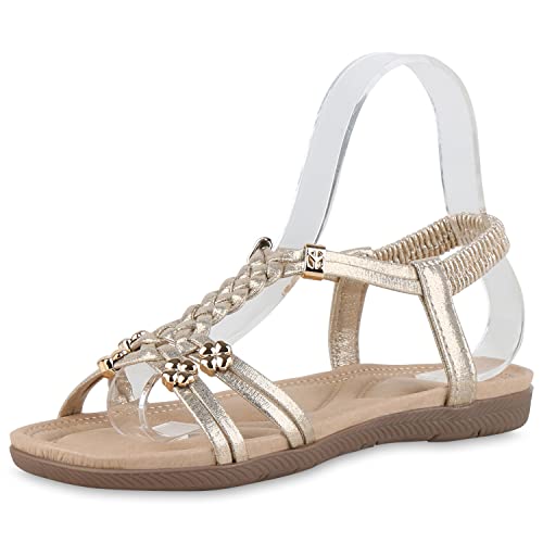 VAN HILL Damen Riemchensandalen Sandalen Flache Zierperlen Schuhe Sommer Gummizug Riemchenschuhe Freizeit Sommersandalen 211055 Gold Zierperlen 37 von VAN HILL