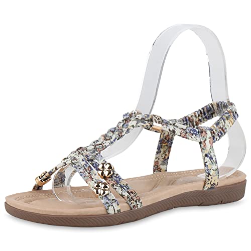 VAN HILL Damen Riemchensandalen Sandalen Flache Zierperlen Schuhe Sommer Gummizug Riemchenschuhe Freizeit Sommersandalen 211056 Hellgrün Hellblau Muster Zierperlen 37 von VAN HILL