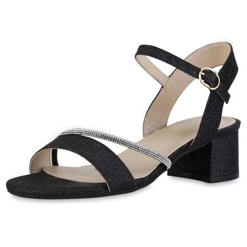 VAN HILL Damen Riemchensandaletten Blockabsatz Glitzer Party Schuhe 216811 Schwarz 38 von VAN HILL