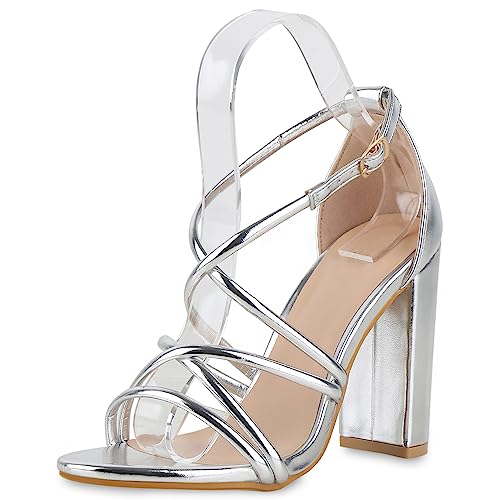 VAN HILL Damen Riemchensandaletten Blockabsatz Metallic Party Schuhe 840474 212895 Silber 41 von VAN HILL