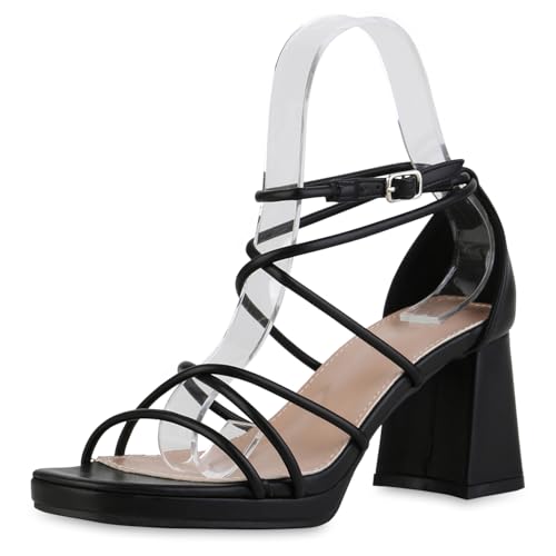 VAN HILL Damen Riemchensandaletten Blockabsatz Plateau Vorne Trendy Schuhe 216818 Schwarz 39 von VAN HILL