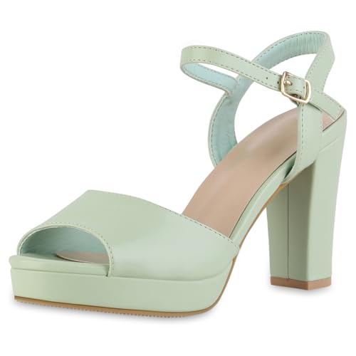 VAN HILL Damen Riemchensandaletten Blockabsatz Prints Elegant Schuhe 216928 Hellgrün 40 von VAN HILL