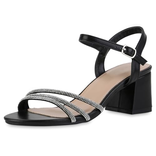 VAN HILL Damen Riemchensandaletten Blockabsatz Strass Party Schuhe 216939 Schwarz Strass 36 von VAN HILL