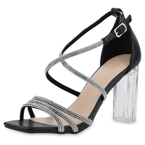 VAN HILL Damen Riemchensandaletten Blockabsatz Strass Party Schuhe 216994 Schwarz 38 von VAN HILL