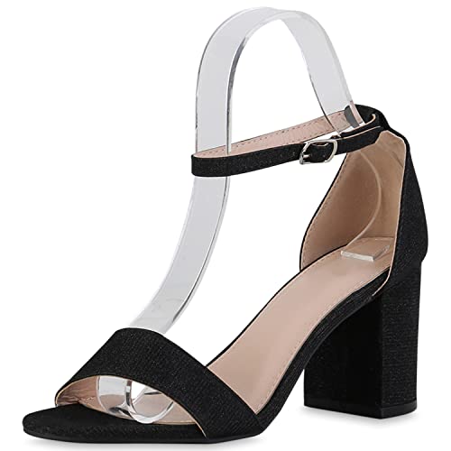 VAN HILL Damen Riemchensandaletten Sandaletten Blockabsatz Schuhe Elegante Party Abendschuhe Glitzer Riemchenschuhe 211333 Schwarz 40 von VAN HILL