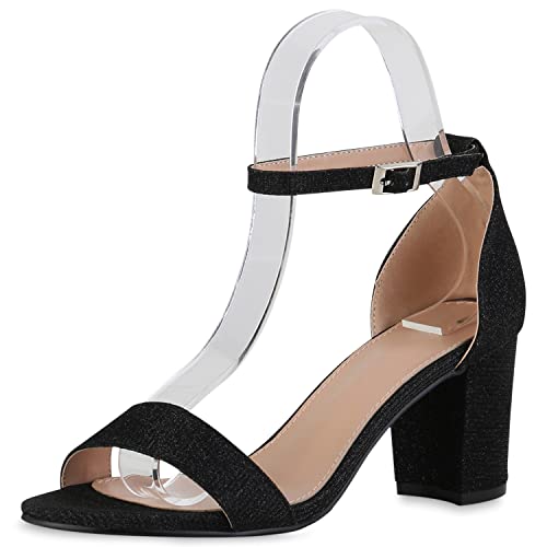 VAN HILL Damen Riemchensandaletten Sandaletten Blockabsatz Schuhe Party Riemchenschuhe Glitzer Abendschuhe Partyschuhe 211232 Schwarz 38 von VAN HILL