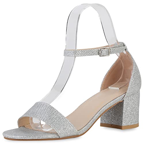 VAN HILL Damen Riemchensandaletten Sandaletten Blockabsatz Schuhe Party Riemchenschuhe Glitzer Freizeit Abendschuhe 210429 Silber Beige 36 von VAN HILL