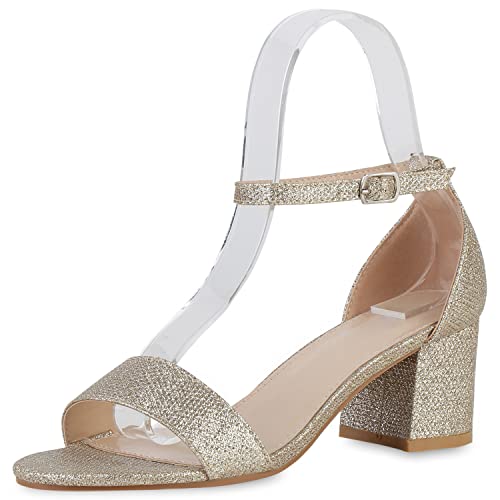 VAN HILL Damen Riemchensandaletten Sandaletten Blockabsatz Schuhe Party Riemchenschuhe Glitzer Freizeit Abendschuhe 210430 Gold Beige 38 von VAN HILL