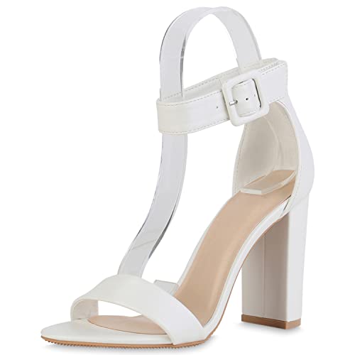 VAN HILL Damen Riemchensandaletten Sandaletten Elegante Freizeit Schuhe Blockabsatz Absatzschuhe Basic Riemchenschuhe 211506 Weiss 38 von VAN HILL